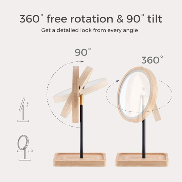 Ljus LED-sminkningsspegel med 3 färgljus  Sladdlös USB-laddningsbart batteri  360°