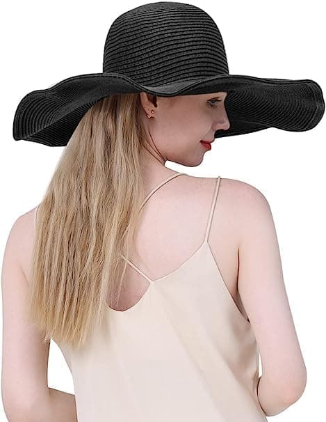 Dame Floppy Hat Stråhat Bred Skygge Solhat Åndbar Anti UV Stråhat Strand Solhat UPF 50+, Sort