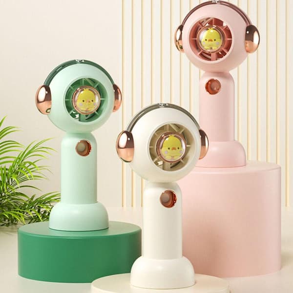 Portable fan with mist function, USB rechargeable, compact pocket fan, 500 mAh, pink, cute animal pattern.