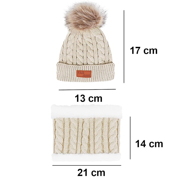 Barn Vintermössa och Halsduk Set 2-Delar för Pojkar och Flickor, Kall Snö Stickad Mössa med Fleece Foder beige