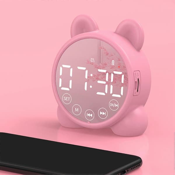 Barnväckarklocka Bluetooth-högtalare Sängväckarklocka, Spegel Digital Timer, Barn Sömntränare Rosa