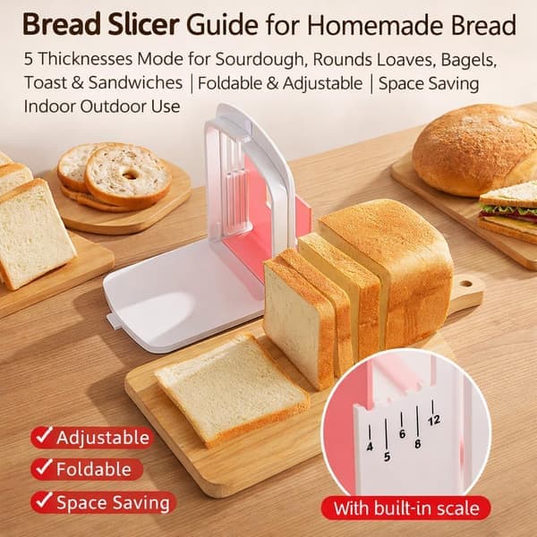2026 Bread Slicing Guide - 5 Thickness Settings for Sourdough Bread, Baguettes, Bagels & Toast, Foldable & Adjustable, Space-Saving