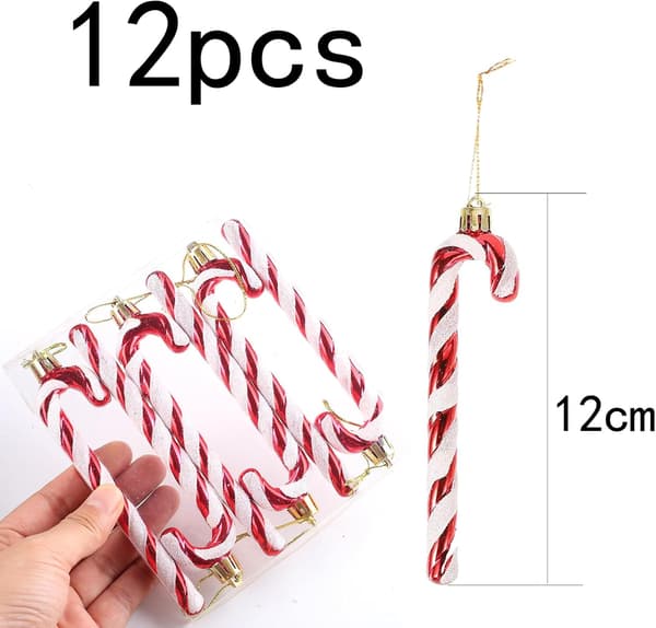 12 Shiny Candy Cane Christmas Tree Decorations Plastic Christmas Tree Ornaments Holiday Party Decorations (Red)