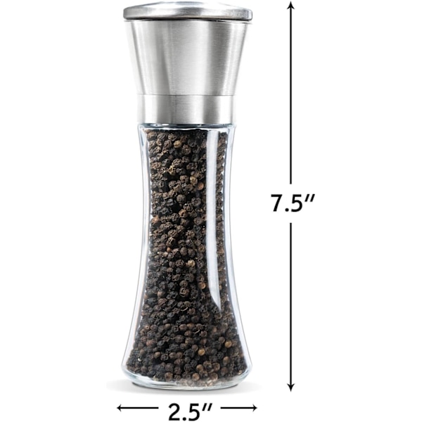 Premium Salt och Pepparkvarn Set om 2- Borstat Rostfritt Stål Pepparkvarn och Saltkvarn, 6 Oz Glas Hög Kropp, 5 Grader Justerbar Keramisk Rotor-