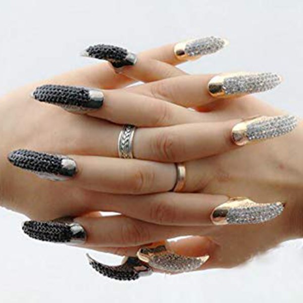 Punk Style Eagle Claw Ring Gothic Smycken Falska Naglar Retro Clear Crystal Talon Finger Ring, Halloween Klor Falska Naglar Rings Set Guld