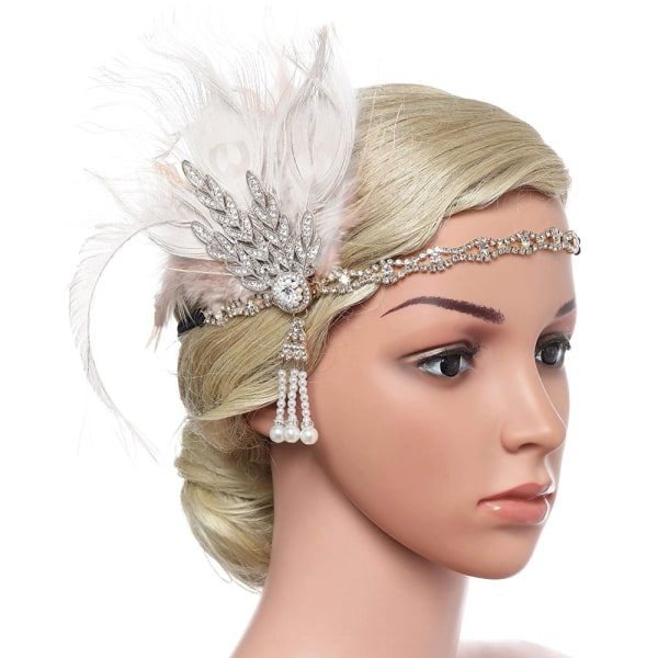 Art Deco Flapper Blad Bröllop Brud Tiara Pärla Hårprydnad Med Fjädrar Gul