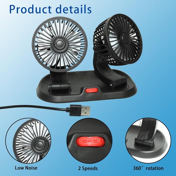 Adjustable Dual Head Car Cooling Fan - Brushless Motor - 2 Speeds, 360° Rotation, for Car Dashboard, Powerful Cooling Solution.