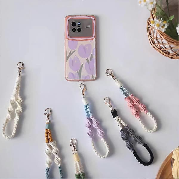6 Pcs Boho Macrame Mobile Phone Wrist Strap, Mobile Phone Lanyard with Fixing Tab, Keychain Wrist Strap, Anti-Loss Mobile Chain