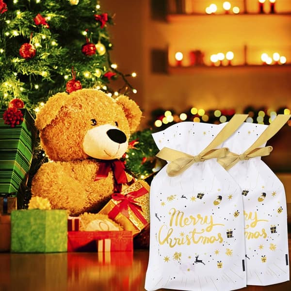 Gyllene God Jul 50 st julväskor med dragsko Julklappspåsar Julklappspåsar Presentförpackning Plastpåse för godis
