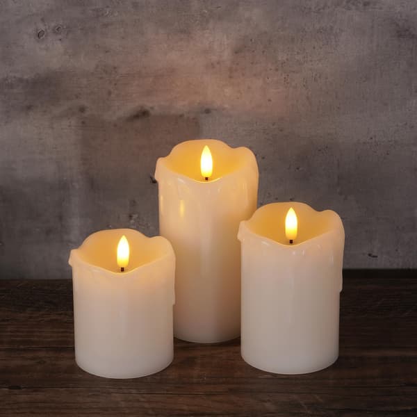 Flammeløse LED sylindriske stearinlys, batteridrevne, med fjernkontroll og timer, 3-delt sett.