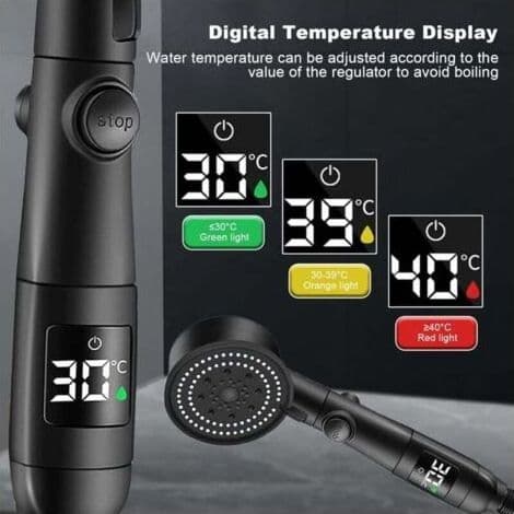Høytrykksdusjhode med 5 innstillinger – 2m rustfri slange – Temperaturdisplay – Silikonmunnstykker for jevn vannstrøm