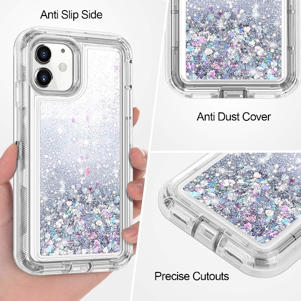 Skyddande fodral för iPhone 11 Glitter, flytande Bling Quicksand 3 i 1 Hybrid stöttålig stöttålig hård stötfångare mjukt genomskinligt gummiskydd