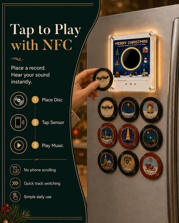 Christmas Vinyl Player Fridge Record NFC Magnetic Music Box Set Mini Jingle Magnets, Refrigerator Custom Storage, Personalized Retro, 9 Programmable Parts