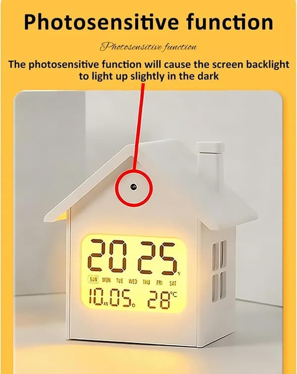 Digital Alarm Clock for Kids with Night Light - Cute House Shaped Silent Bedroom Clock, LCD Display with Temperature, Battery Operated
