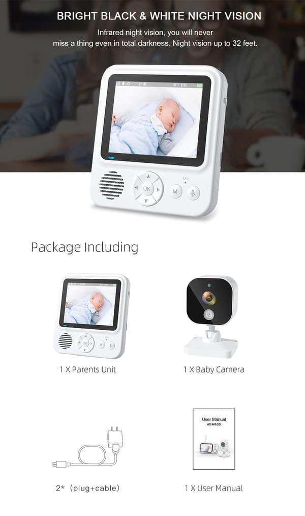 Videomonitor med kamera 2.4G-overføring, babymonitor med 2-veis lyd, infrarødt nattsyn