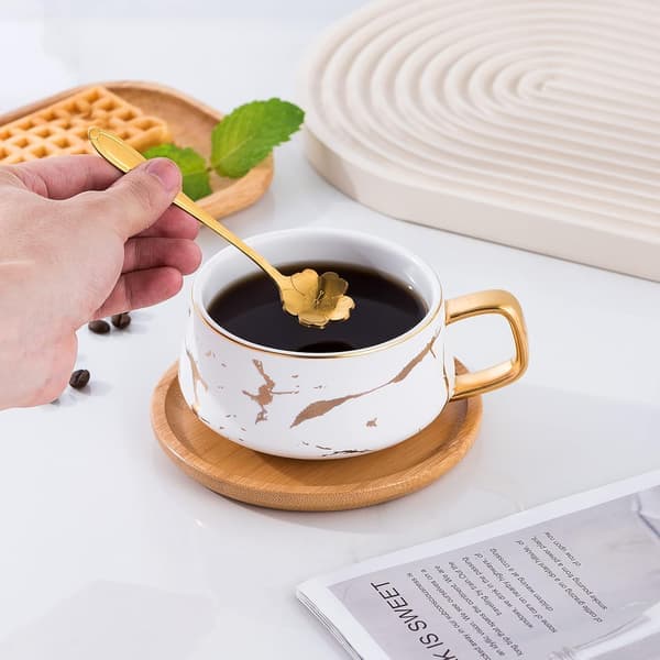 10 oz Deluxe Guld Håndaftryk Te- og Kaffekop med Bambus Underkop Sæt (Sæt med 2 Hvide)