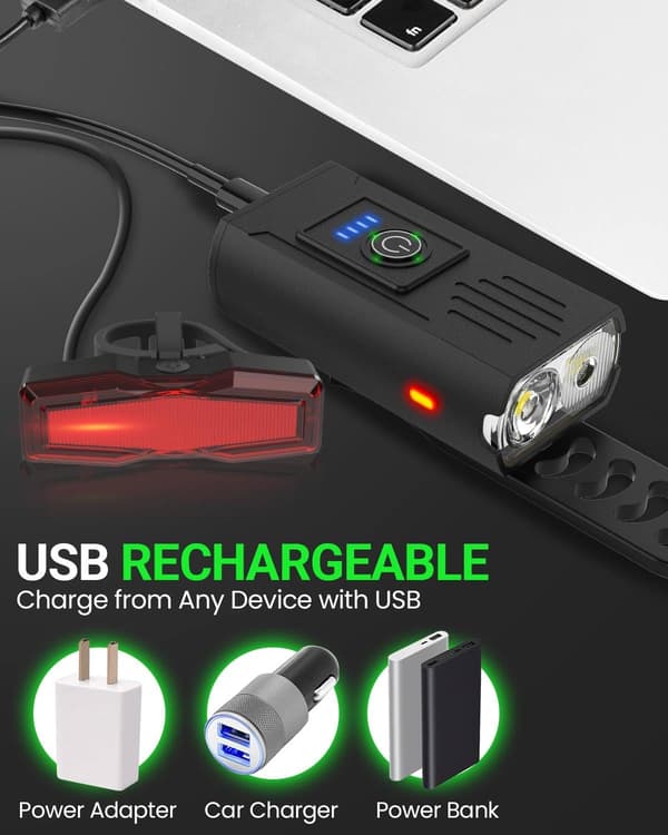 USB sykkellyssett - 10 lysmoduser - For- og baklys - Vanntett og oppladbart - For nattsykling - Svart - 1 sett