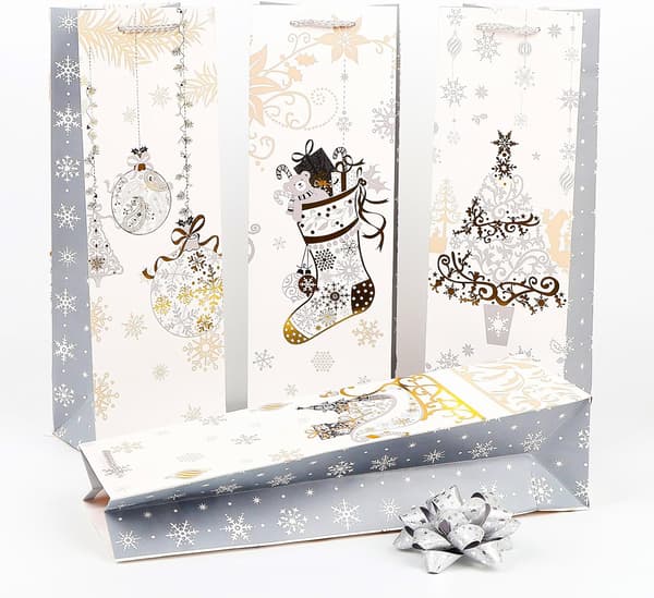 12-pack julvinpåsar presentpåsar för vinflaskor med silkespapper för julfester och vinterhelger (silver)