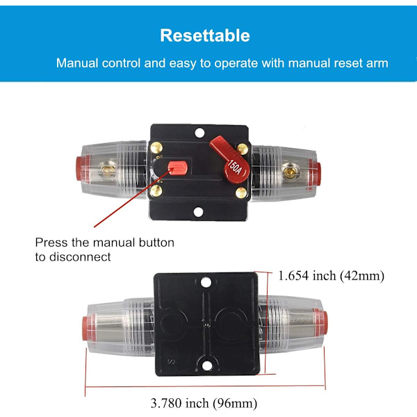 30A 40A 50A 60A 80A 100A 150A Audio Kretsbrytare Auto Bilstereo Inline Säkringshållare Inverter, Manuell Återställning 12V-24V DC för Bil Marin Båt