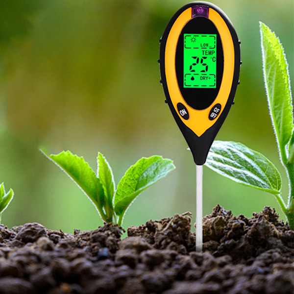 4 i 1 jordfuktighetsmätare, digital växttemperatur/jordfuktighet/PH-mätare/solstyrka jordtestare för trädgårdsskötsel, jordbruk, inomhus och utomhus