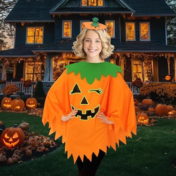 Græskarkostume til kvinder voksne - Halloweenkostumer Poncho med pandebåndstaske
