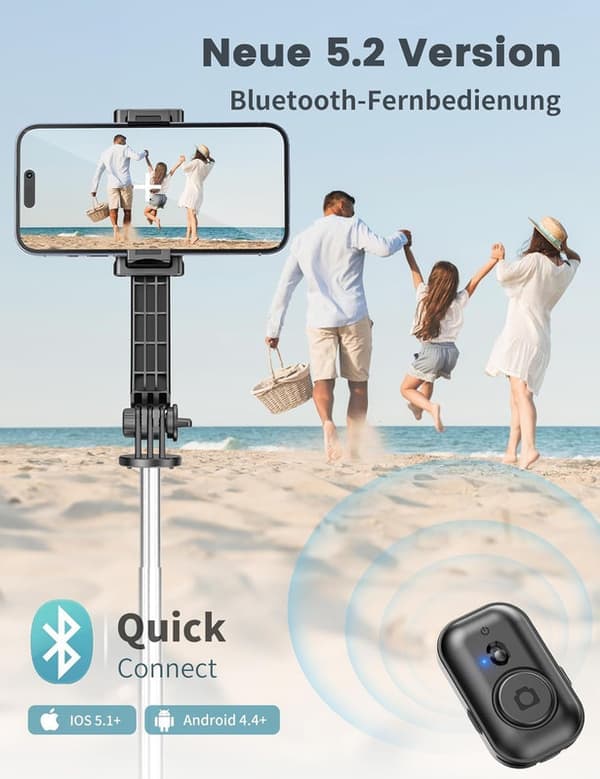 Selfie Stick/106cm Adjustable Tripod Mobile Stand with Bluetooth Remote Control, Detachable Clip, 360° Rotating Stand