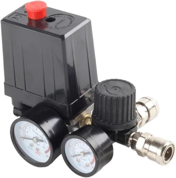 Luftkompressorpumpe Trykkontrollbryter 4 Port 220V Manifold Avlastningsregulator Kontrollventil med Måler