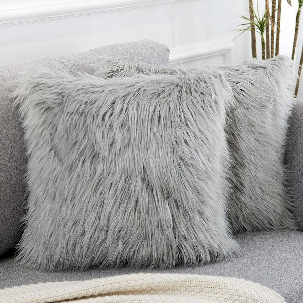 Set med 2 ljusgrå dekorativa fluffiga kuddfodral Nya lyxserie Merino Style Faux Fur Throw Pillow Covers Square Fuzzy Cushion Case 18x18 tum