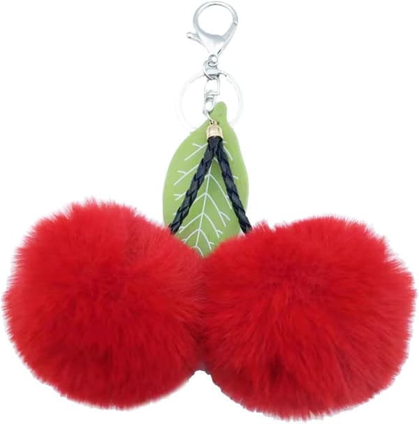 Nyckelring med fuskpälsboll, fluffig väskberlock, bilväskberlock, körsbärsröd Cherry Red