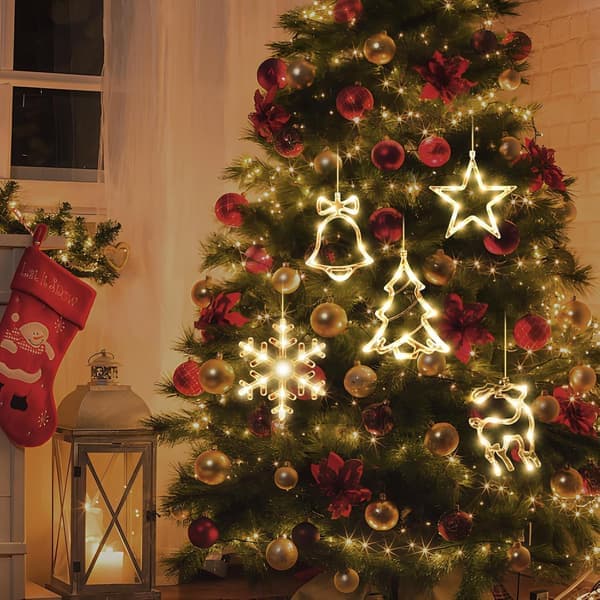 5-pack Christmas Window Lights Decorations with Timer Battery Operated Christmas Hanging Warm White Luminous Snowflake Tree Star Deer Bells Shaped LED