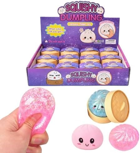Glitter Dumpling Squish-y | 12 stk. Squish-y Squeeze Dumplings Boller med Steamer, Farverige Squishies Dumplings Stressbolde Legetøj, Blød Squeeze De