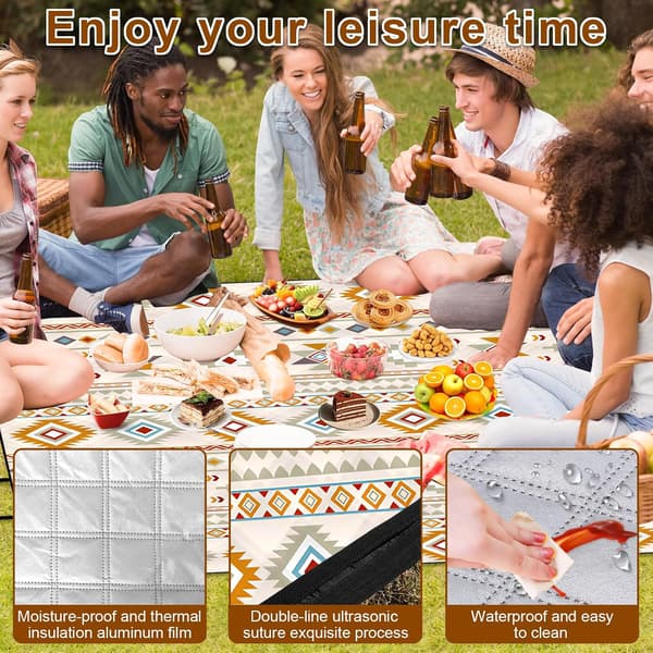 Blåt og hvidt geometrisk mønstret picnictæppe, 200x200cm, vaskbart picnictæppe med håndtag