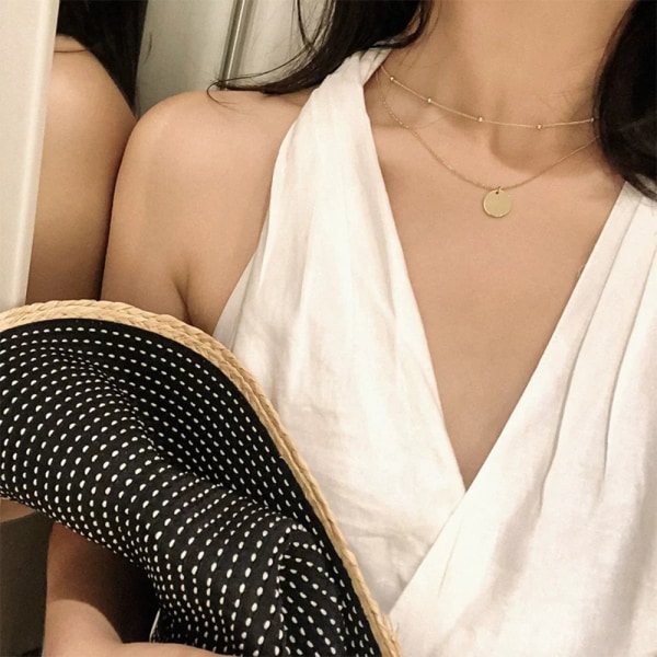 Flerskiktad skivhänge choker halsband för kvinnor flickor, guld delikat mynt krage kedja mode smycken