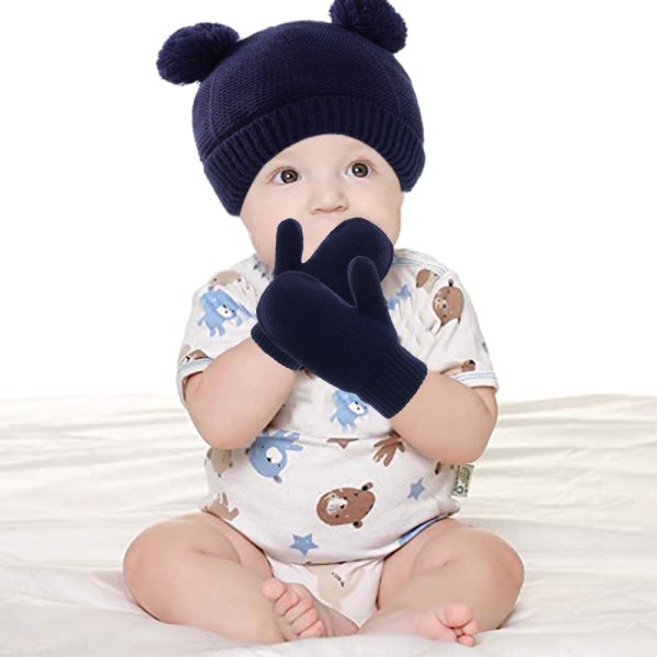 Baby Hat Cute Bear Infant Toddler Earflap Fleece Lined Beanie Warm Caps for Fall Winter With Gloves navy blue