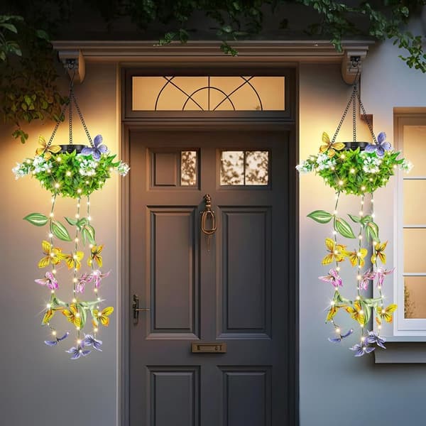 Solar Powered Hanging Garden Lights 2-pack - LED String Light with Artificial Butterflies and Flowers, IP65 Waterproof Outdoor Decor