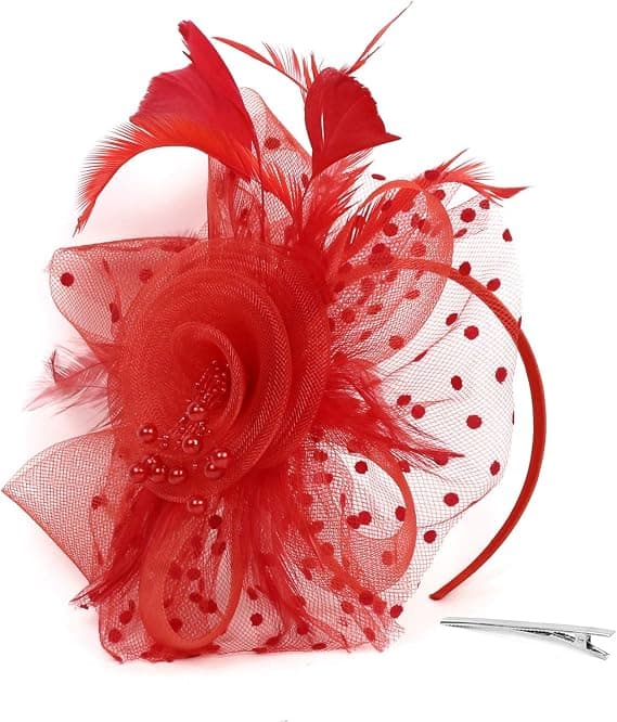 Fascinatorhat til kvinder, damer, bryllup, teselskab, flapper, pillboxhat, Ascot-løbshat, fjerblomst (rød)