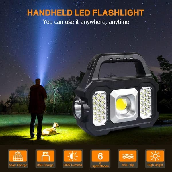 Solar Powered Handheld Flashlight 1000 Lumens Solar or USB Rechargeable Waterproof and Portable.