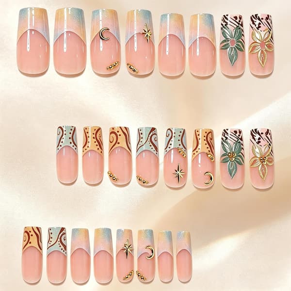 French manicure stickers, medium square 3D flowers false nails, retro style, reusable, suitable for women.