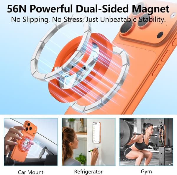 MagSafe magnetisk telefonringholder, 360° roterende grebsstativ, dobbeltsidet magnet til iPhone/Samsung, kompatibel med bilmontering – orange Vibrant Orange