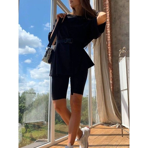 Kvinnors 2-delade outfit set avslappnad oversized T-shirt toppar biker shorts träning sport s tracksuit