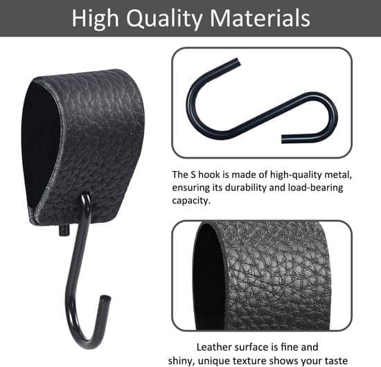 S-Hooks (Set of 8) - Black Hanging Hooks Clothes Hooks with Leather Loop - For Clothes Hangers Clothes Rails Kitchen and Bathroom