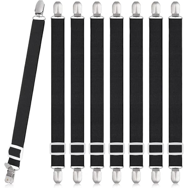 8-pak lagenholdere, justerbare elastiske nylonstropper med metalclips til lagner, duge og sofabetræk, sort Sort Black