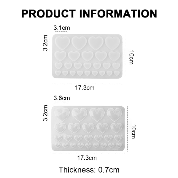 2 st hjärtformade silikonformar i blandade storlekar för epoxiharts