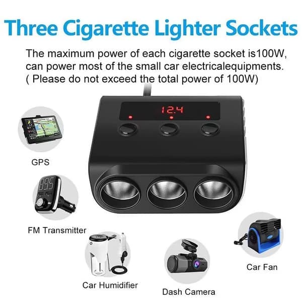 Cigarettænder splitter + 12V USB biloplader med afbryder og voltmeter – 3x cigaretstik – 4x USB – Biltilbehør