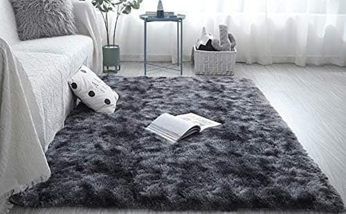 Gulvmåtte, stort tæppe, blødt soveværelsestæppe, skridsikkert, fluffy, rya-tæppe til indendørs brug (sort grå, 80 x 120 cm)