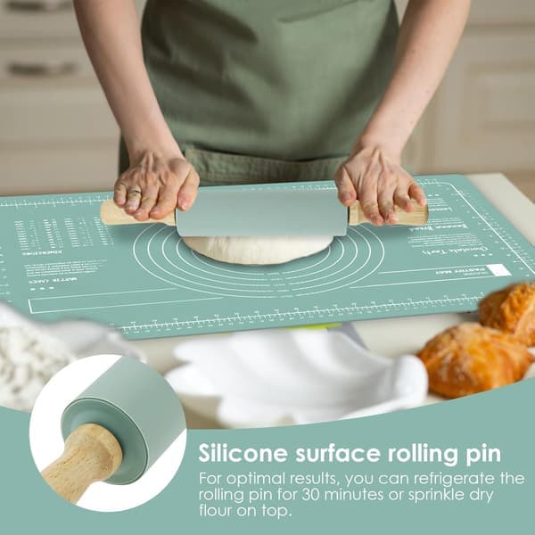 Silikon Bakematte Sett med Kjevle og Deigskrape Varmebestandig Silikon Bakeplate Nonstick Rektangulær Kakematte for Pizzadeig (grønn)