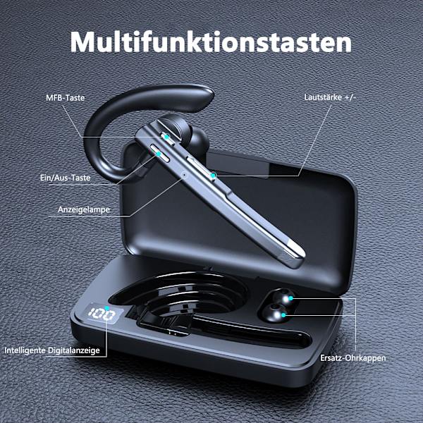 Bluetooth-headset med mikrofon, Bluetooth 5.1, CVC 8.0 Dual Mic, med LED-laddningsfodral, HD handsfree-funktion, två anslutna enheter för iOS och