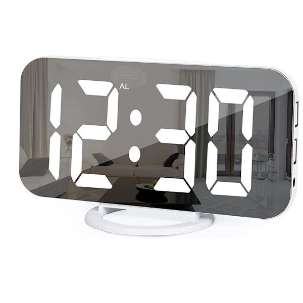 Digital väckarklocka, väckarklockor för sovrum, stor display spegelyta väckarklocka med USB-laddare 12/24H, automatisk dimmerläge, för kontor sovrum