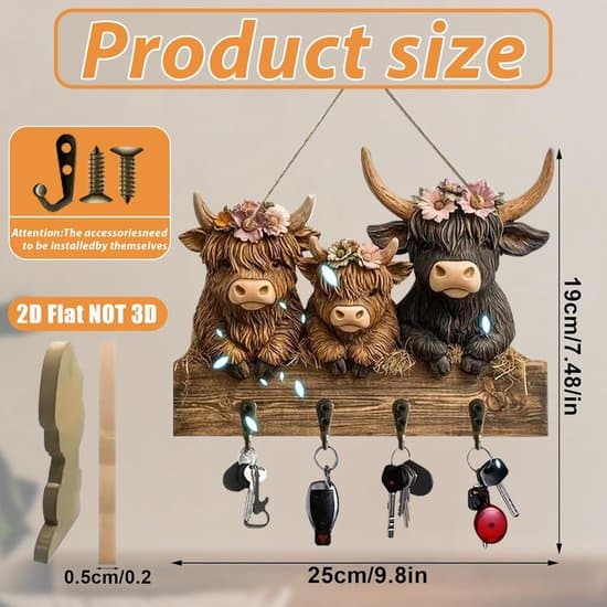Hooks - Key Ring Holder - Key Holder for Wall - Key Hooks - Coat Rack with 4 Hooks - Cow-shaped Wall Shelf Decoration Suitable.