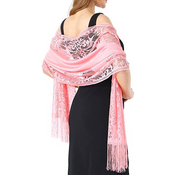 Kvinnors blommiga spets sjal med tofsar, mjuk mesh frans wraps för bröllop kväll festklänningar, 185*65 cm